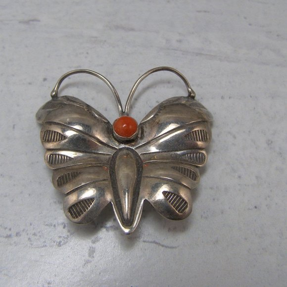 Sterling Silver Butterfly Coral Native American Brooch